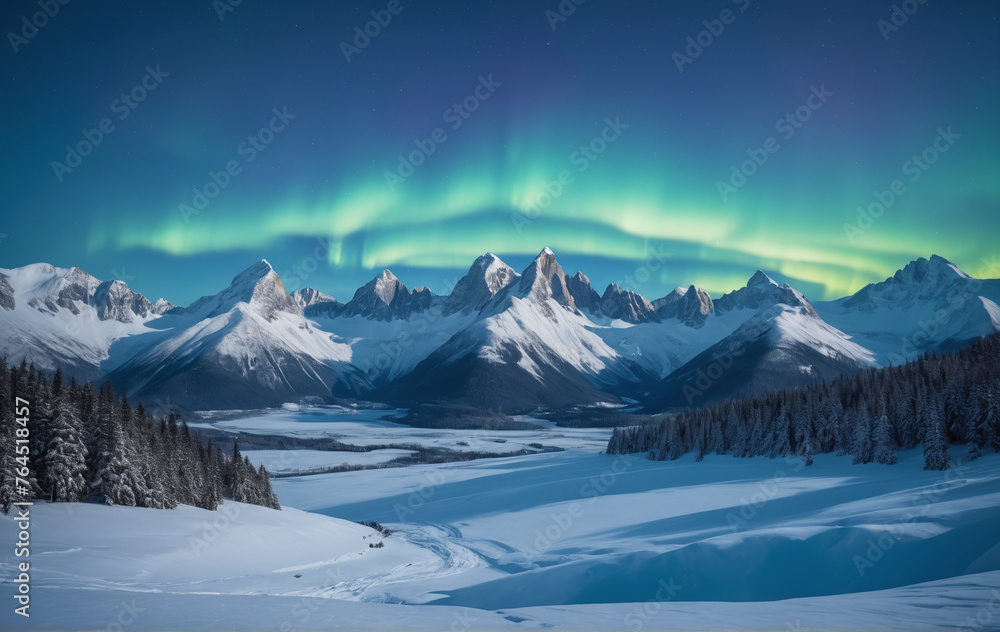 Obraz premium Blue winter landscape Mountains snow aurora borealis