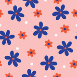 cute seamless pattern with deep blue and red flowers on a pink background vector illustration