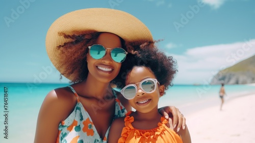An African American single-parent family, the mother enjoys her summer vacation with her daughter on a sunny paradise beach,copy space © Zainab