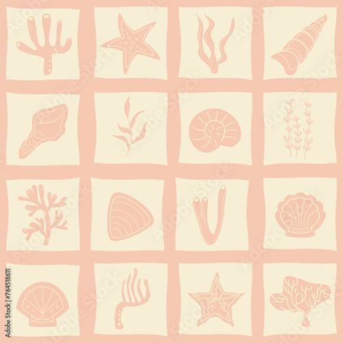 pattern  seamless  squares  coral  pink  seaweed  sea  summer  plant  ocean  marine  underwater  aquarium  outline  pastel  element  cute  water  vector  isolated  nature  illustration  cartoon  seash