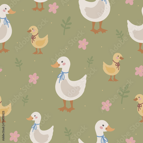 Geese seamless pattern, hand drawn cute kids background, vintage retro pallete