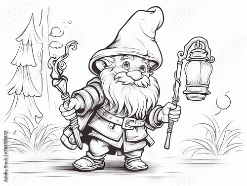 Enchanted forest dweller: whimsical gnome with lantern - hand-drawn black and white illustration for fantasy coloring enthusiasts photo