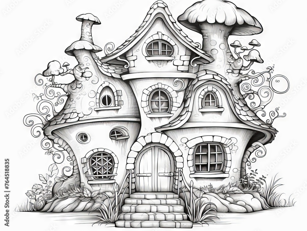 Enchanting hand-drawn fairytale cottage: intricate zen-tangle design for adult coloring book - vector illustration