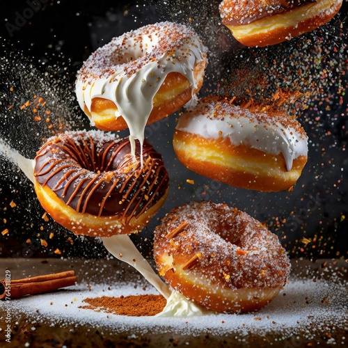 A captivating close-up capturing five donuts adorned with cinnamon and cream in a slow-motion descent, each frozen in a moment of graceful fall against a dark background, Ai Generate 