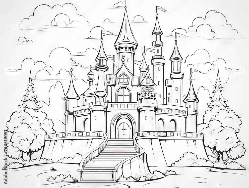 Children’s coloring book page featuring a cartoon princess and castle with detailed line art for creative play