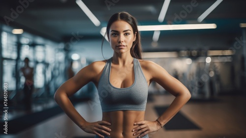 Athletic woman in stretching yoga class, gray tank top, indoor