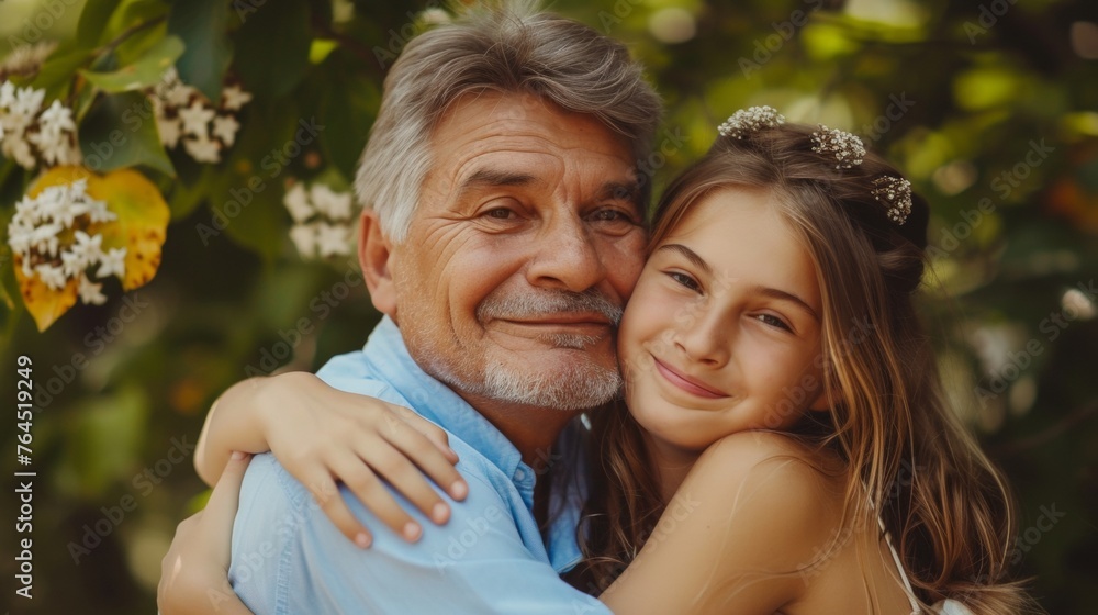 Fototapeta premium father day, cute teen girl hugging mature middle age dad. Love, kiss, care, happy smile enjoy family time. celebrate special occasion, happy birthday, merry Christmas. special day