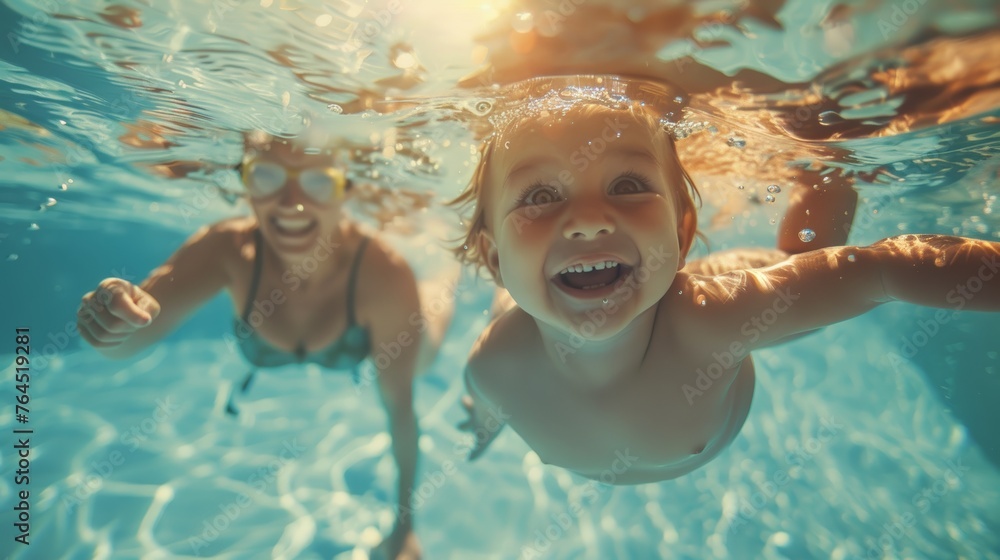 Cute smiling baby and mom having fun swimming and diving in the pool at ...