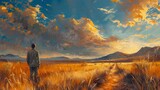 Original oil painting on canvas featuring a man in an outback scene for giclee, background, or concept
