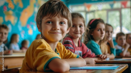 primary elementary school group of children studying in the classroom. learning and sitting at the desk. young cute kids smiling, high quality photo