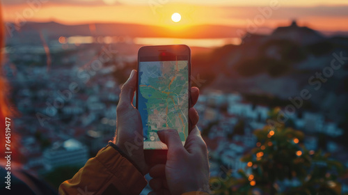 traveler use smartphone to check map to travel with internet and gps application, Travel, mobile phone, technology, smartphone, holding, lifestyle, communication, connection, outdoors
