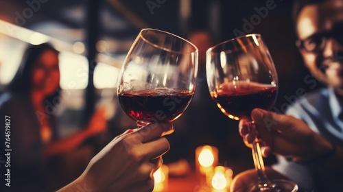 close up of Happy friends toasting red wine glasses at diner party