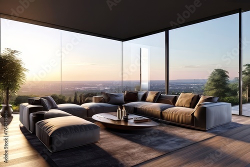 a living room with floor-to-ceiling windows overlooking the sea