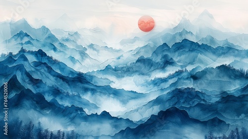 Painting of abstract mountain ranges in morning light, made with digital watercolors