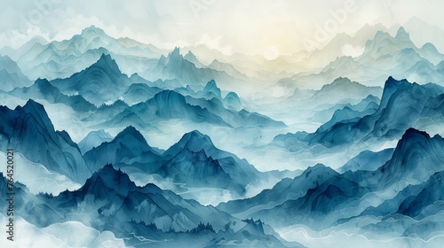 In the morning light, abstract watercolor painting of mountain ranges © DZMITRY
