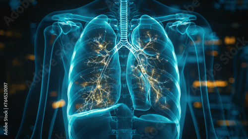 A detailed digital visualization of the human respiratory system highlighting the lungs, bronchi, and trachea with a transparent body overlay.