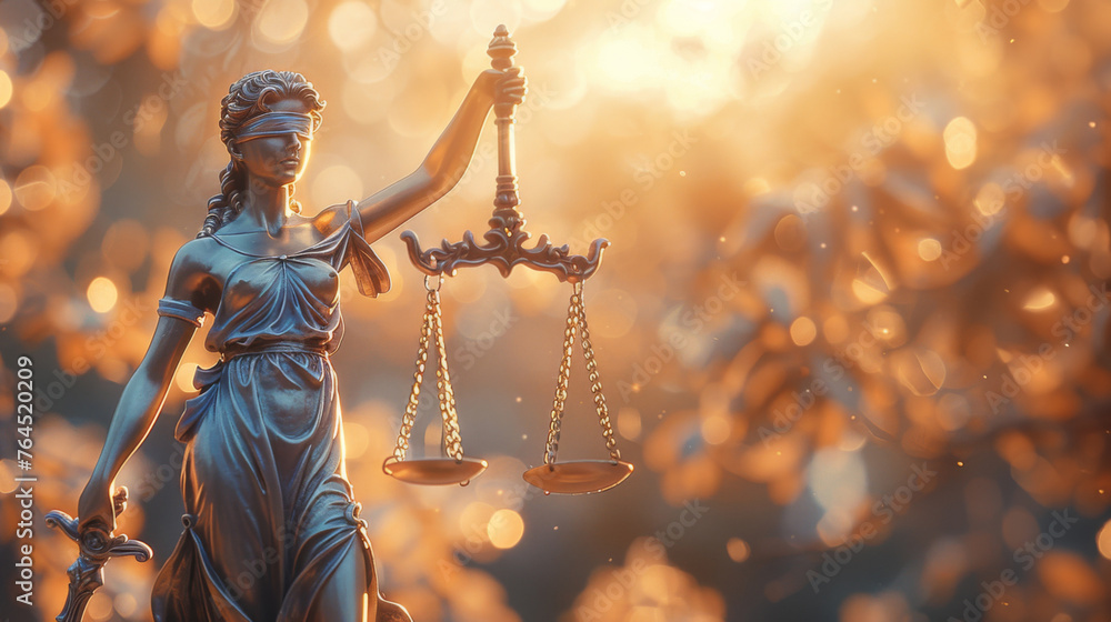 The Statue of Lady Justice holding balanced scales, set against a golden bokeh background, symbolizing the judicial system and fairness. - obrazy, fototapety, plakaty 