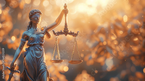 The Statue of Lady Justice holding balanced scales, set against a golden bokeh background, symbolizing the judicial system and fairness. photo