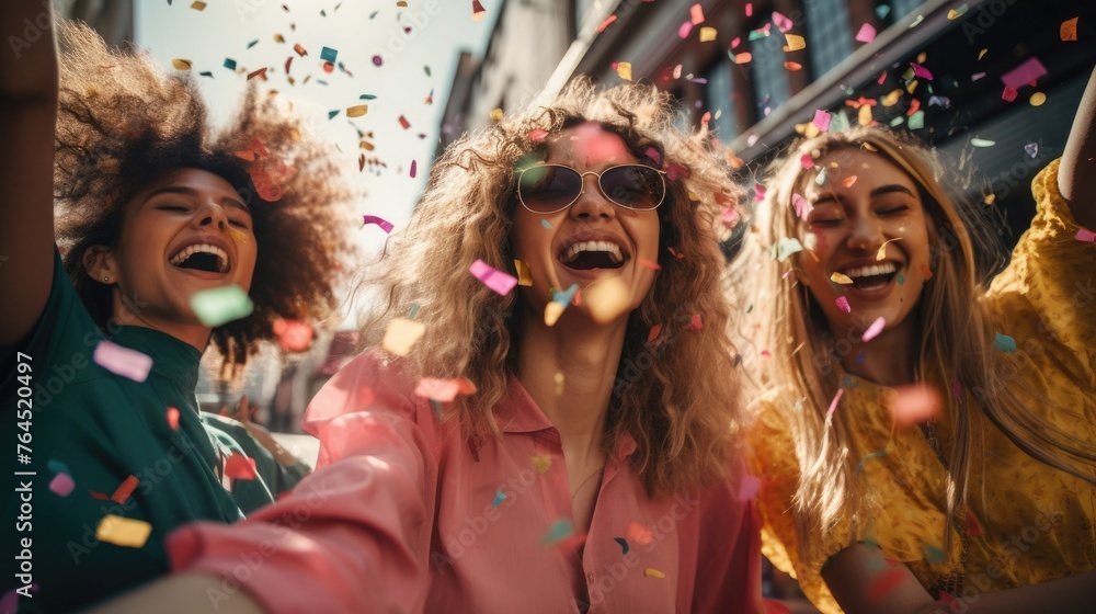 Happy friends celebrating throwing confetti in the air Happy friends celebrating throwing confetti in the air