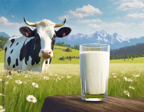 Milchglas mit Kuh im Hintergrund