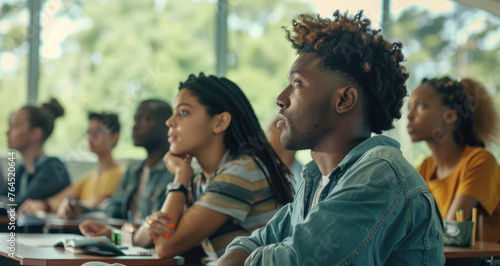 diverse adult students sitting in the classroom, listening to their teacher's lecture and taking notes at their desks