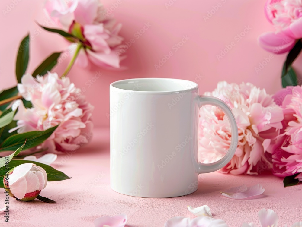 An arrangement of lush pink peonies with a simple white mug set against a complementary pink backdrop for a calming scene An arrangement of lush pink peonies with a simple white mug set against a complementary pink backdrop for a calming scene