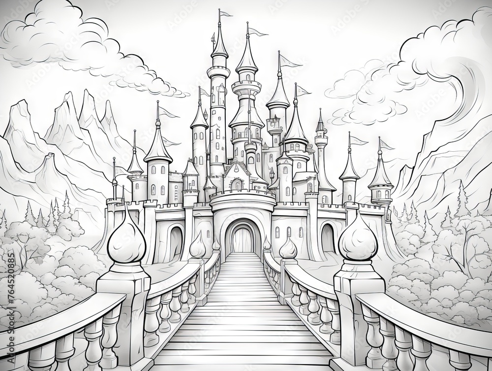 Children’s coloring book page featuring a cartoon princess and castle with detailed line art for creative play