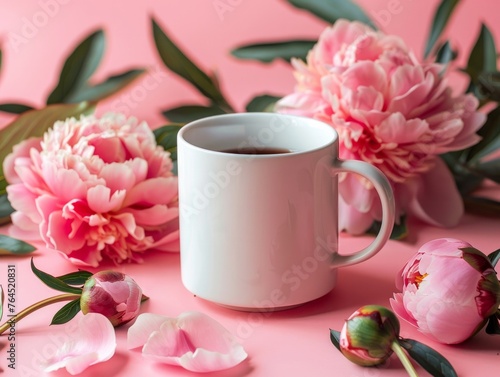 A cozy white mug amongst scattered pink peony blossoms and leaves on a matching pink surface encapsulates comfort