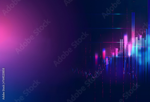 Modern Financial Tech Display: Neon Glow Bar Graph and Trading Charts on Dark Blue Gradient photo