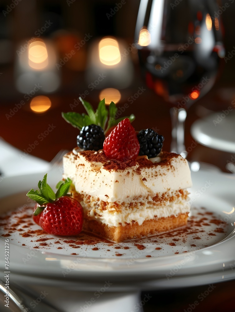 Dreamlike Cake with Berries and Fruit on a White Plate Dreamlike Cake with Berries and Fruit on a White Plate