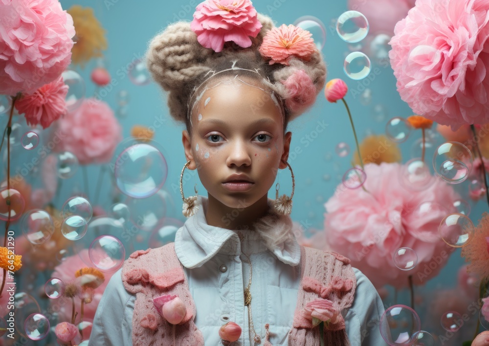 Fototapeta premium A girl with a creative flower-adorned hairstyle interacts with soap bubbles against a floral backdrop