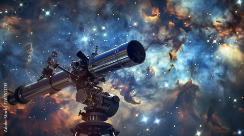 Against a backdrop of stars and galaxies, a telescope peers into the vast expanse of space, capturing the beauty of distant celestial bodies.