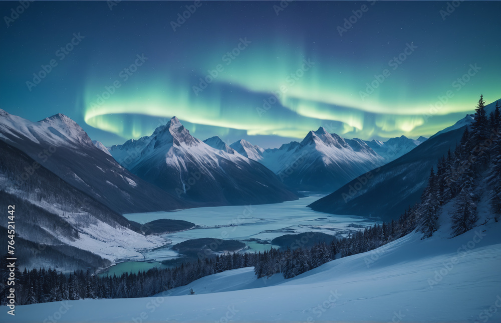 Obraz premium Blue winter landscape Mountains snow aurora borealis