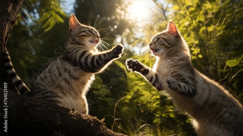 Two cats enjoy a spirited game in the soft glow of the evening sun