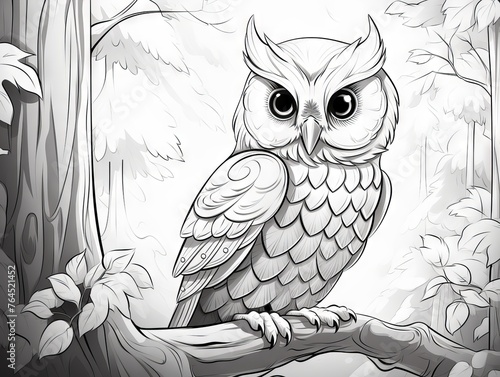 Charming owl perched on a branch in a serene forest - black and white illustration for coloring