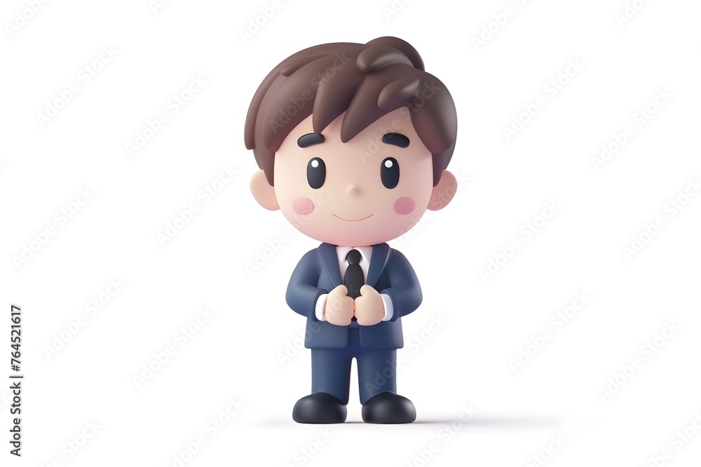 Adorable 3D Illustration of Asian Businessman Toy Figurine in Kawaii Style