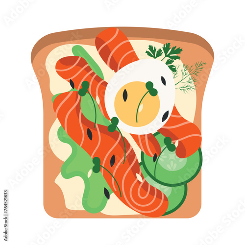 Sandwich with salmon or trout, cream cheese, egg and lettuce. Vector illustration of an open sandwich with red fish