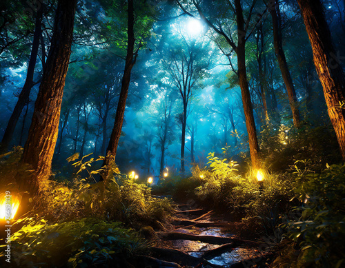 Gloomy fantasy forest scene at night with glowing lights 
