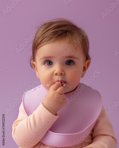 Baby with mouth open, food on lips and wearing a light purple bib, against backdrop photo