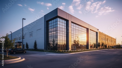 Modern sleek warehouse office building facility exterior architecture, steel, night, cloudy, overcast