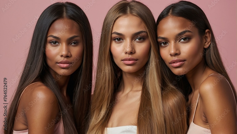 Striking group portrait of three diverse and beautiful women, evoking themes of unity and sisterhood Striking group portrait of three diverse and beautiful women, evoking themes of unity and sisterhood