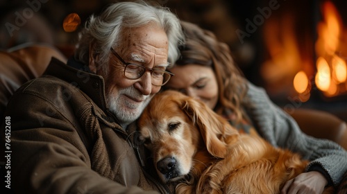 A person or couple walking their friendly golden retriever dog © Wiravan