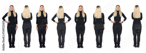 front and back view of a group of same woman standing on white background