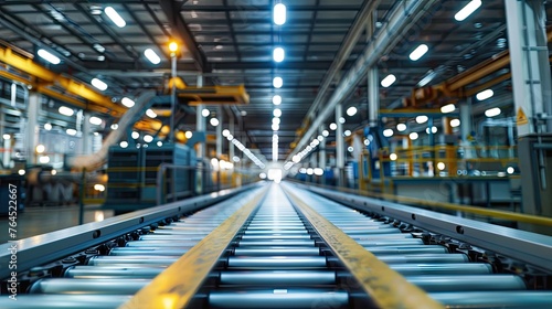 Precision in Production, Inside a modern industrial factory, the focus is on a conveyor belt system under bright artificial lighting, symbolizing efficiency and automation. industrial, factory © auc