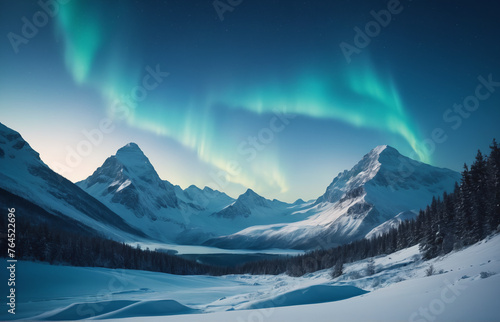 Blue winter landscape Mountains snow aurora borealis