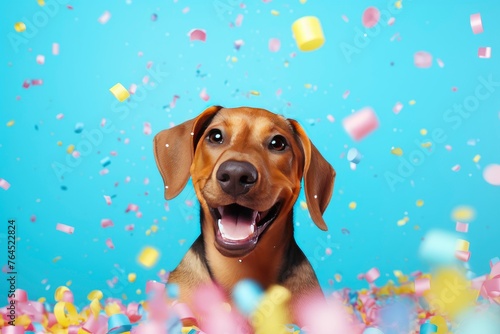 Puppy dog summer inside of an inflatable with confetti. Isolated on colored background - generative ai