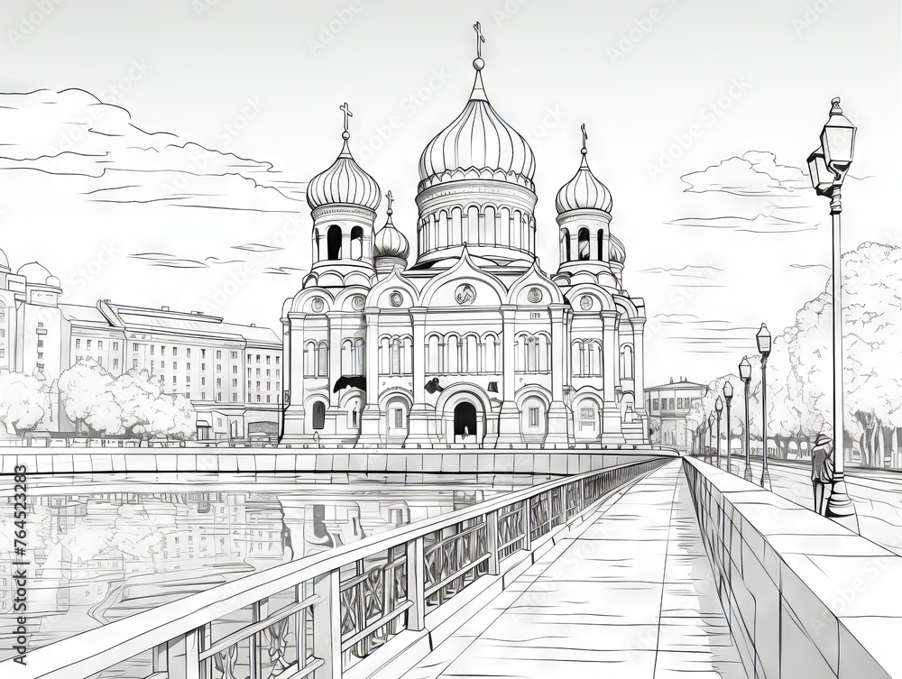 Coloring book illustration: iconic Russian landmarks and cultural symbols - black and white outline - obrazy, fototapety, plakaty 