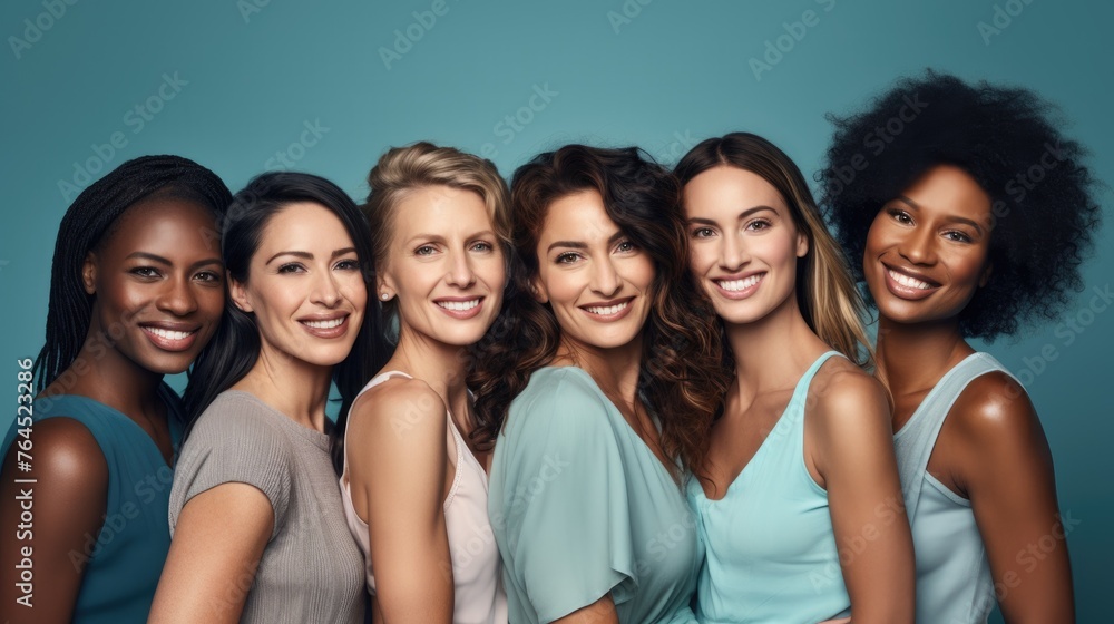A diverse group of beautiful women and friends of different races and ethnicities, proud and confident in themselves, against a light blue background A diverse group of beautiful women and friends of different races and ethnicities, proud and confident in themselves, against a light blue background