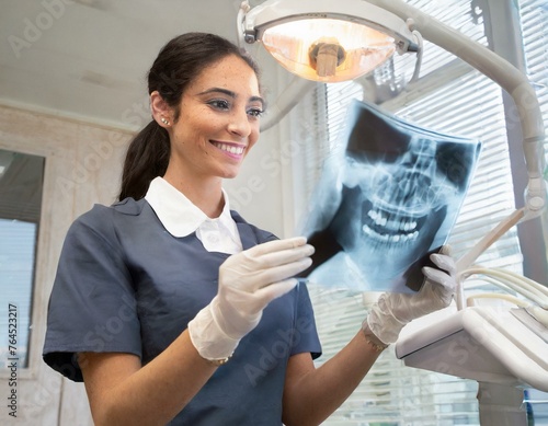 Zahnärztin schaut auf Röntgenbild