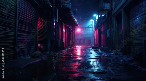 Dark street in cyberpunk city, gloomy alley with neon lighting photo